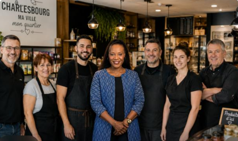 Seynabou Top avec des commerçants de Charlesbourg